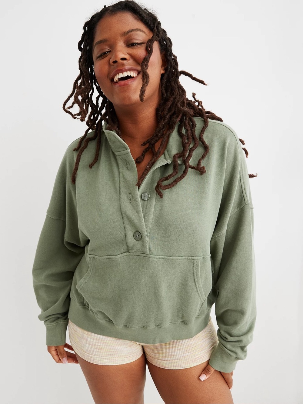 Aerie Button Mock Neck Cropped Sweatshirt Olive Green 100% cotton